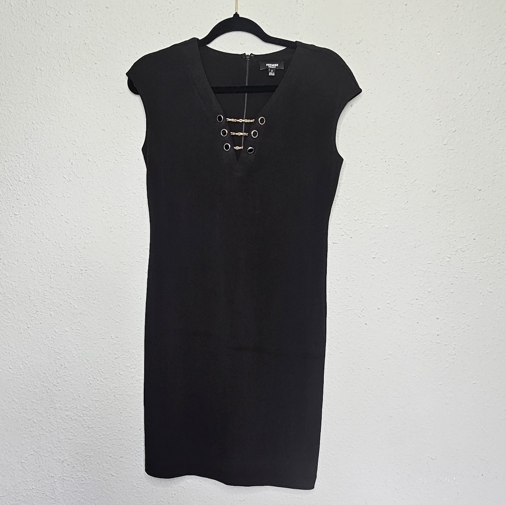 Premise Black Dress Womens Small Slinky Stretch Short‎ Sleeve Gold Chain LBD